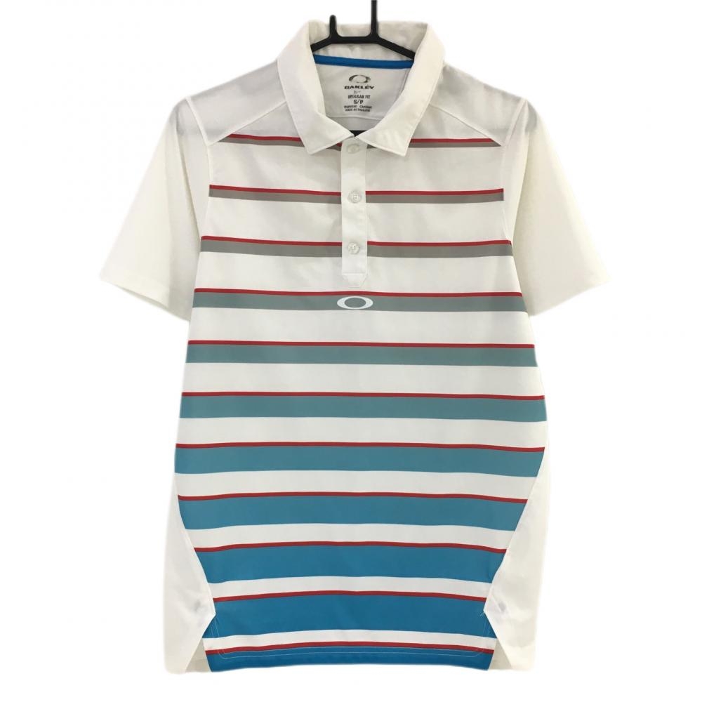 オークリー 半袖ポロシャツ 白×レッド×ライトブルー ボーダー  メンズ S ゴルフウェア Oakley