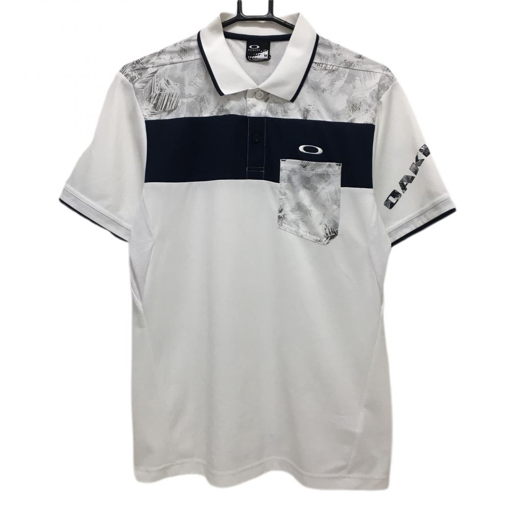 オークリー 半袖ポロシャツ 白×ネイビー 上部総柄 胸ポケット メンズ M ゴルフウェア Oakley