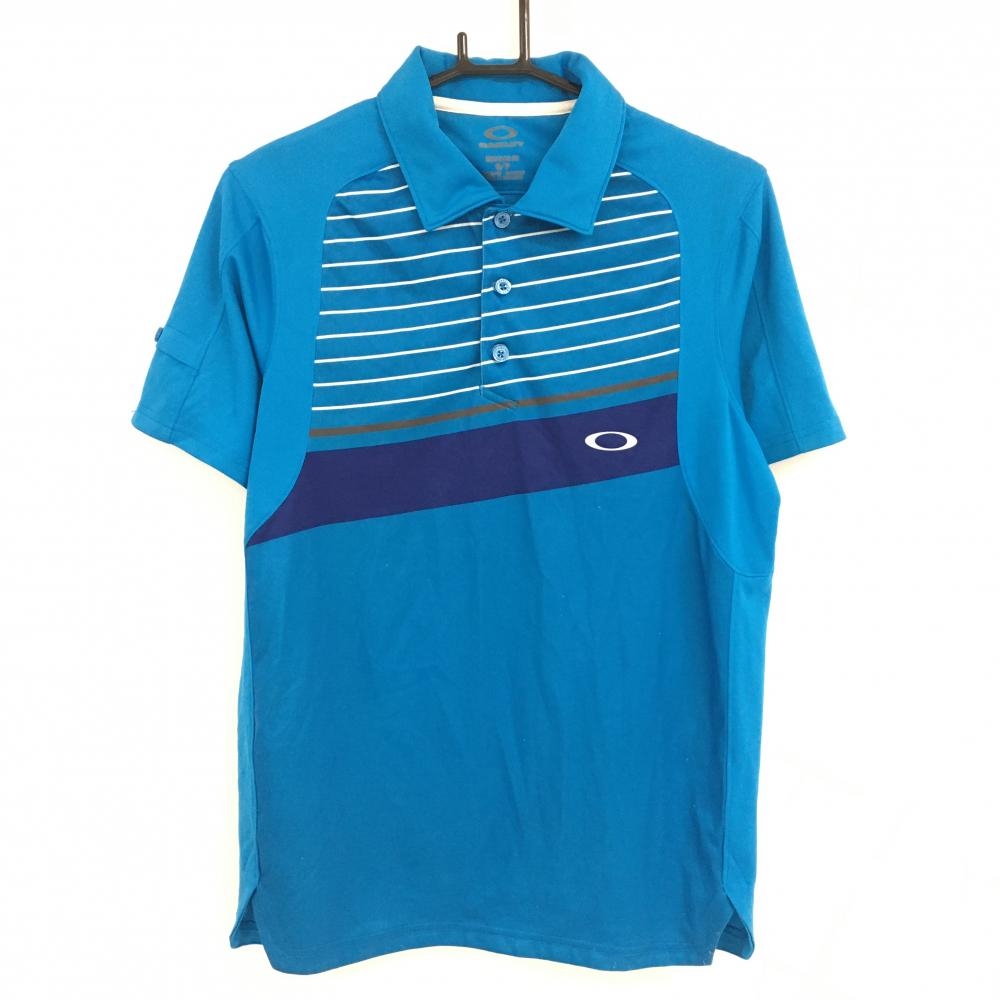 オークリー 半袖ポロシャツ ブルー×白 胸ボーダー ストレッチ メンズ S/P ゴルフウェア Oakley