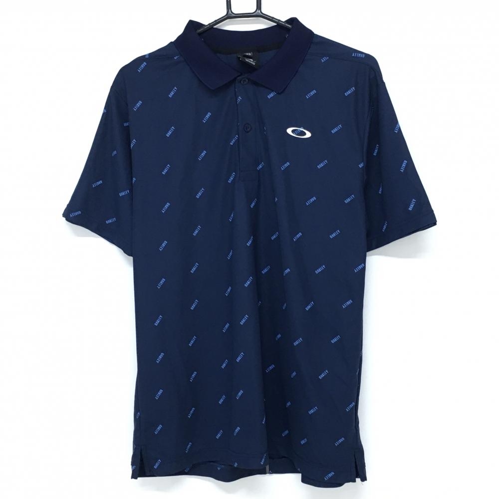 【超美品】オークリー 半袖ポロシャツ ネイビー×ライトブルー ロゴ総柄 メンズ 2XL ゴルフウェア Oakley