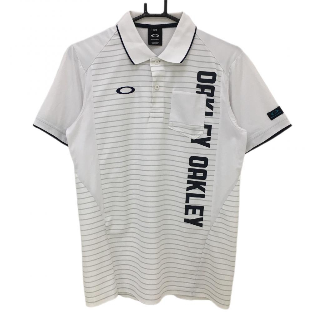 【超美品】オークリー 半袖ポロシャツ 白×グレー 一部ボーダー 異素材切替 メンズ M ゴルフウェア Oakley