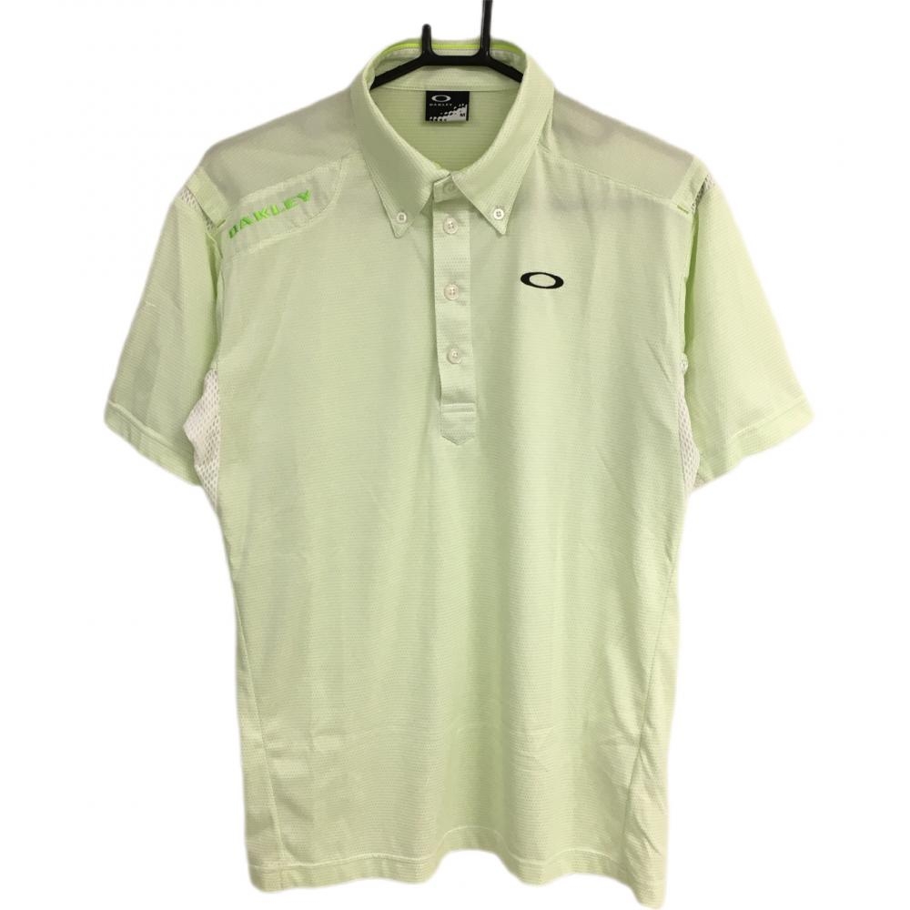 【超美品】オークリー 半袖ポロシャツ ライトグリーン×白 ボタンダウン 一部メッシュ メンズ M ゴルフウェア Oakley