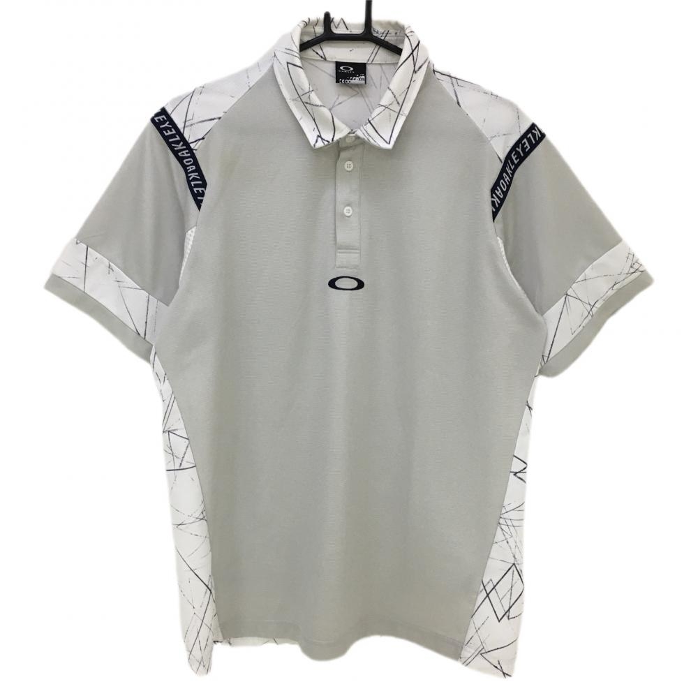 オークリー 半袖ポロシャツ ライトグレー×白 襟袖柄 襟・肩汚れ、引っ掛かり メンズ XXL ゴルフウェア 大きいサイズ Oakley