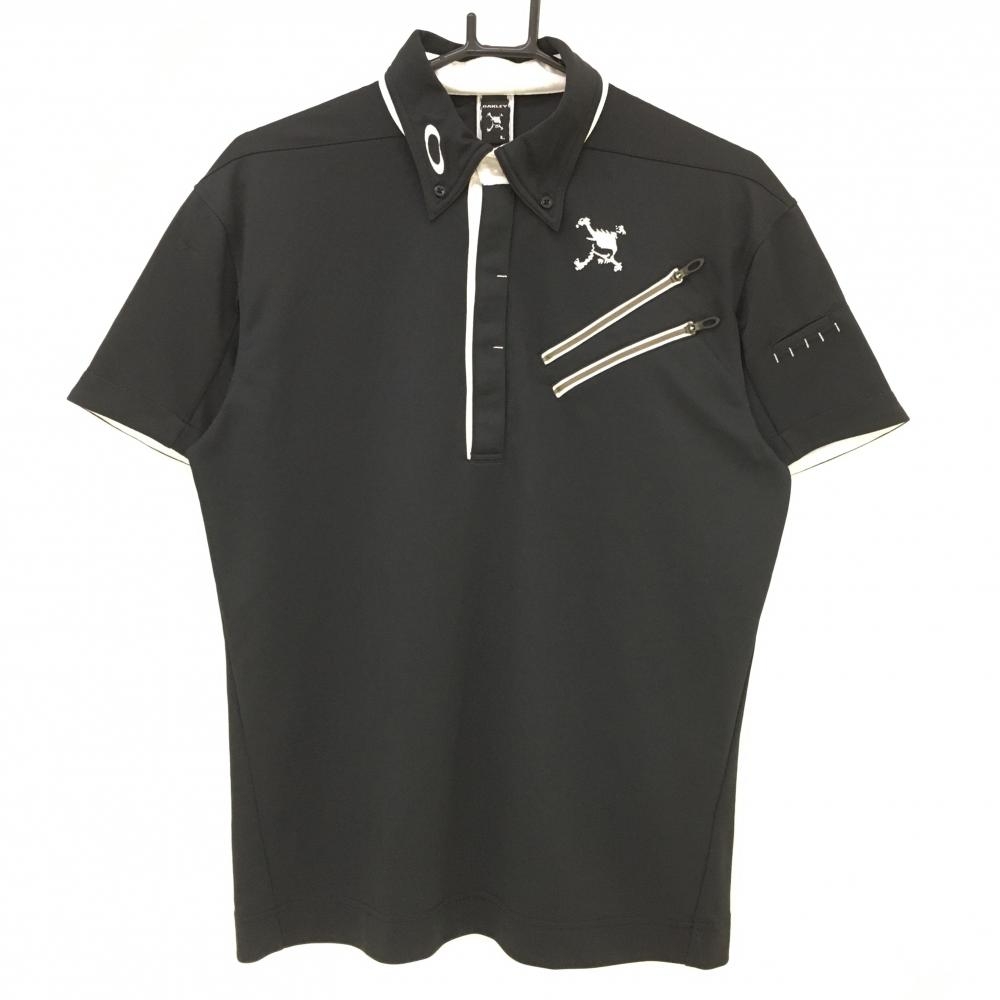 オークリー 半袖ポロシャツ 黒×白 ボタンダウン ティー装着可  メンズ L ゴルフウェア Oakley