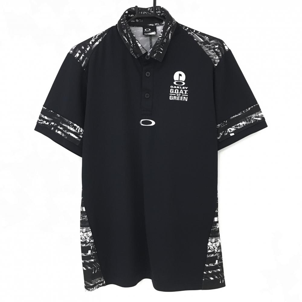 【超美品】オークリー 半袖ポロシャツ 黒×白 二重襟 一部柄  メンズ L ゴルフウェア Oakley