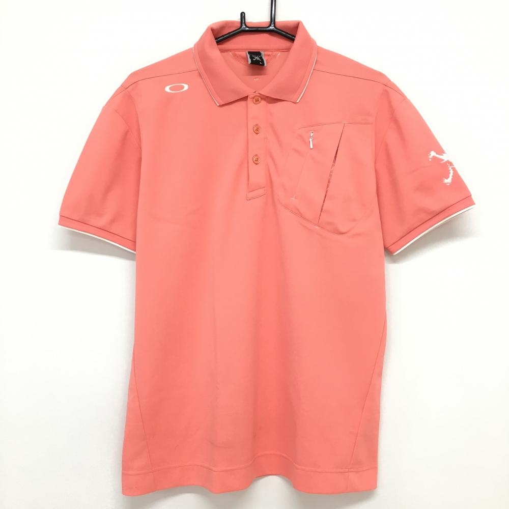 オークリー 半袖ポロシャツ サーモンピンク×白 袖ロゴ刺しゅう  メンズ L ゴルフウェア Oakley