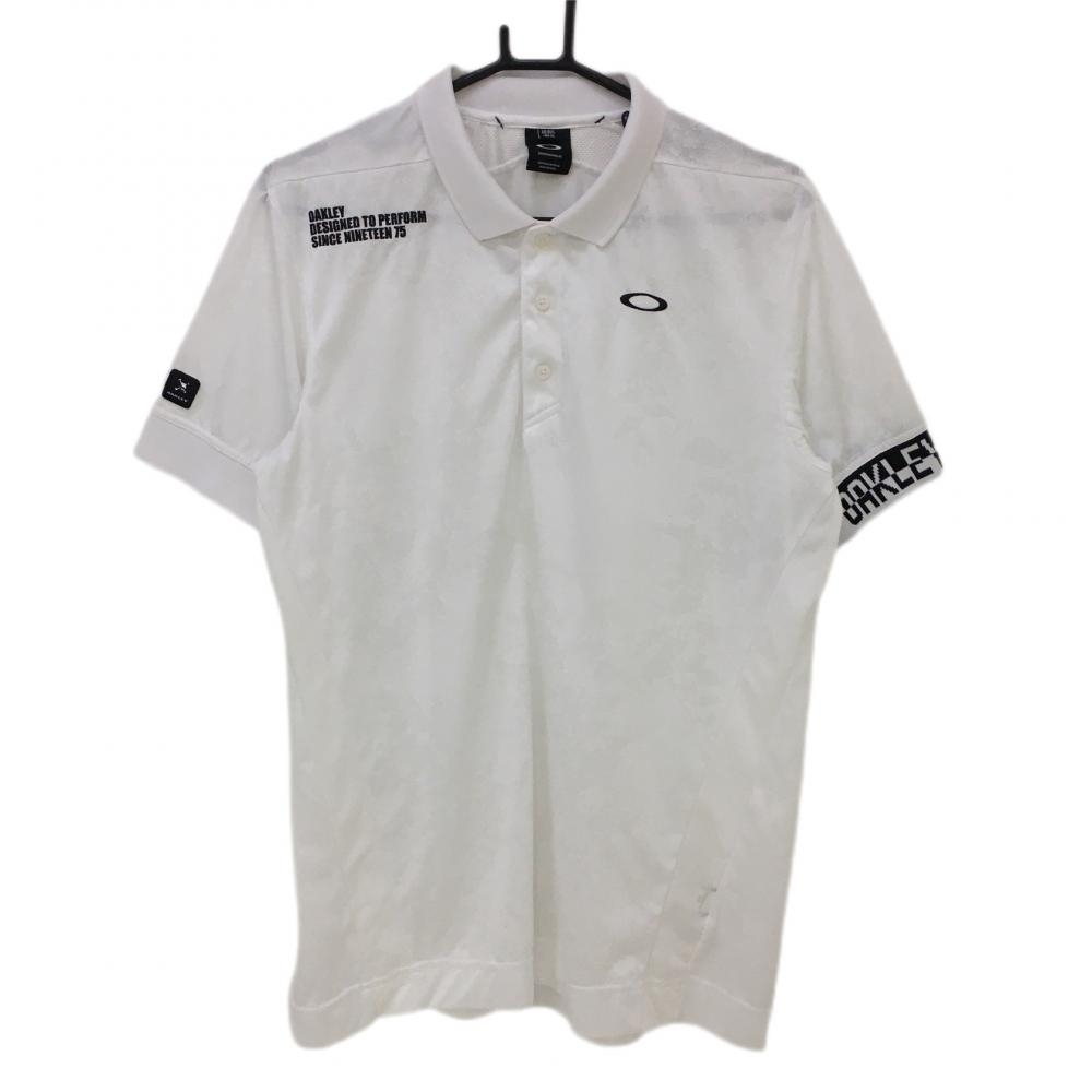 オークリー 半袖ポロシャツ 白×黒 総柄 織生地 ロゴ刺しゅう メンズ XL ゴルフウェア Oakley