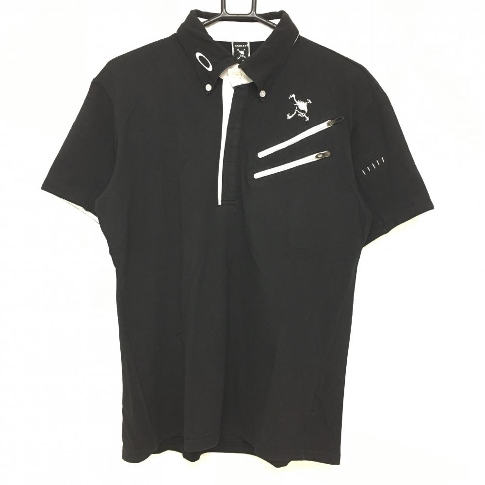 オークリー 半袖ポロシャツ 黒×白 ボタンダウン ティー装着可  メンズ XL ゴルフウェア Oakley