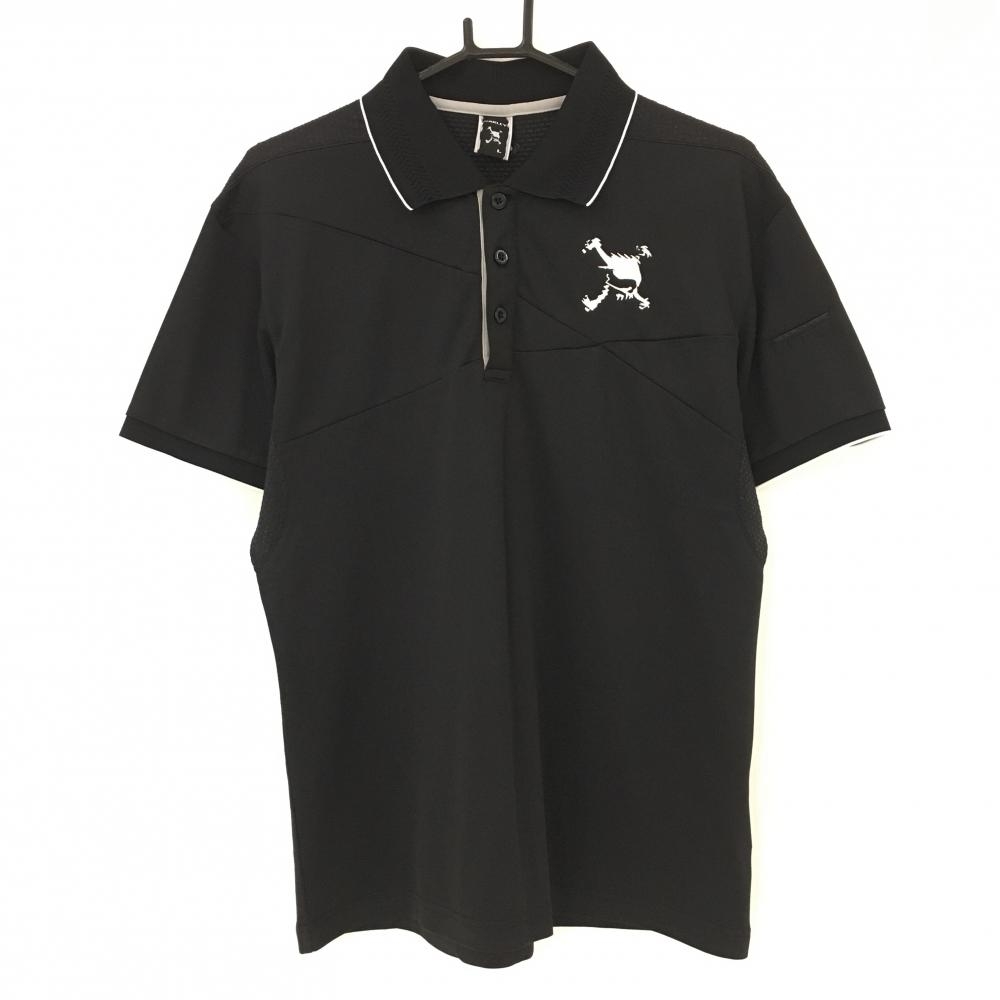 【美品】オークリー 半袖ポロシャツ 黒×白 スカル刺しゅう 一部メッシュ ティー装着可 メンズ L ゴルフウェア Oakley