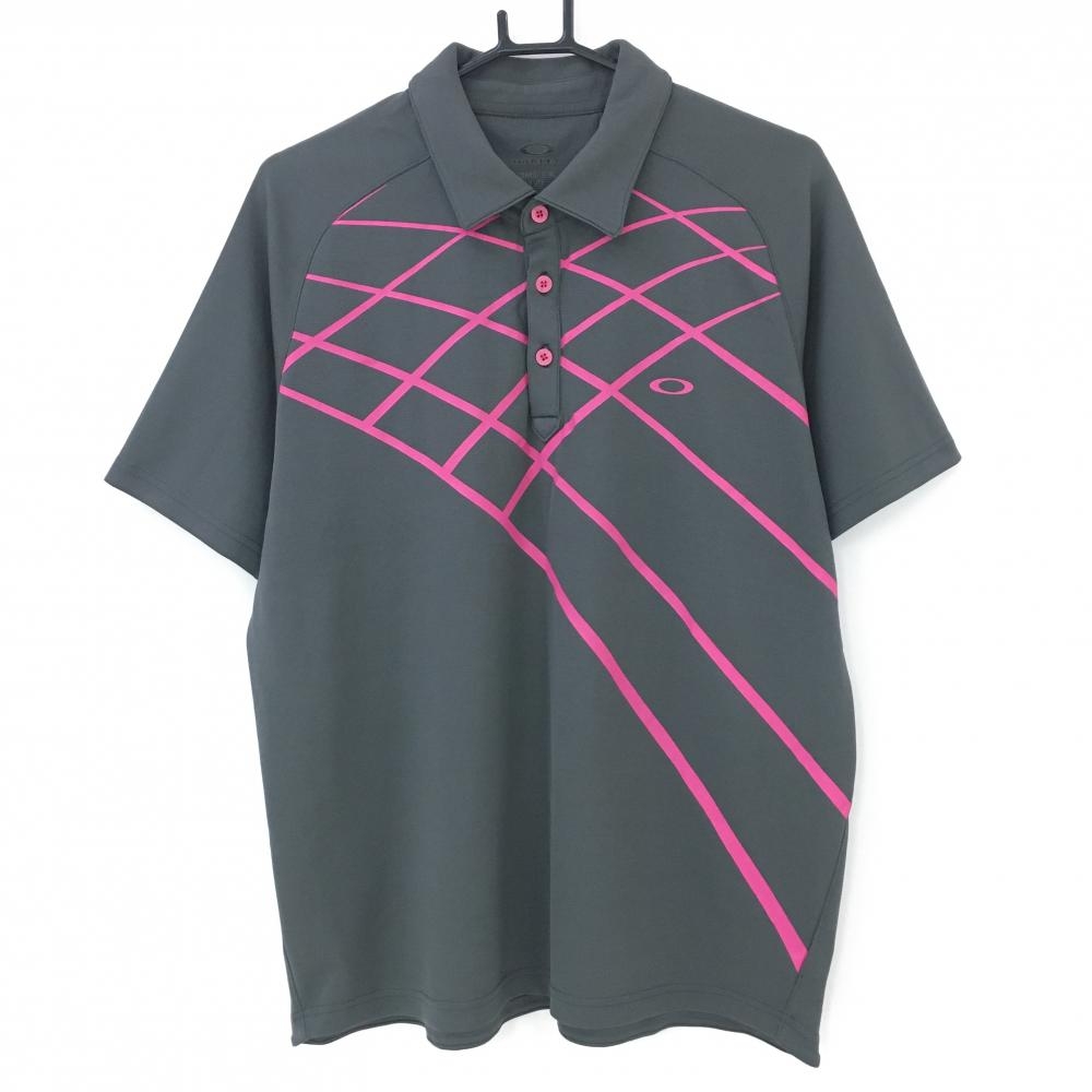 【超美品】オークリー 半袖ポロシャツ グレー×ピンク 一部柄 ロゴプリント  メンズ L ゴルフウェア Oakley
