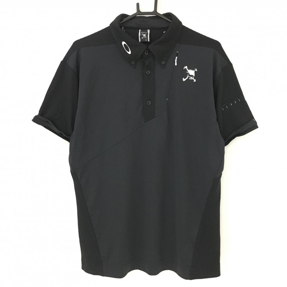 オークリー 半袖ポロシャツ 黒 ロゴ刺しゅう 切替 ティー装着可 ウール混 メンズ L ゴルフウェア Oakley