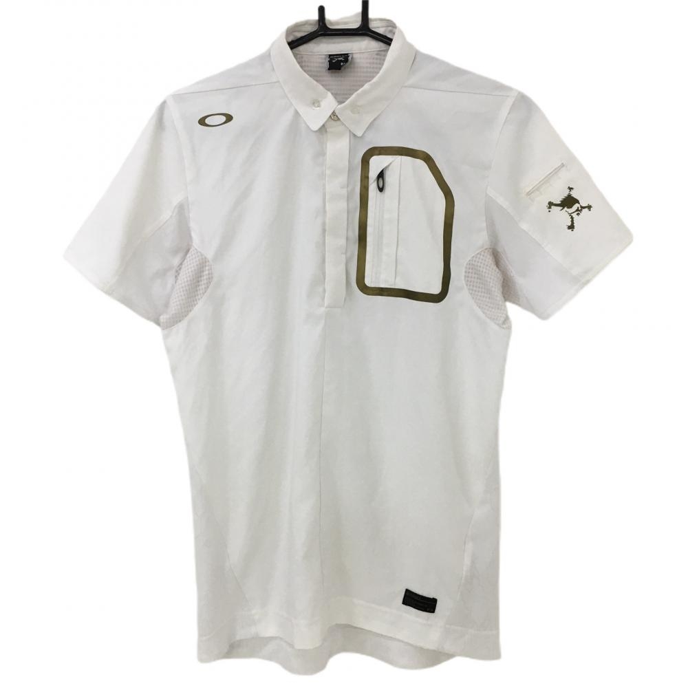 オークリー 半袖ポロシャツ 白×ゴールド 背面地模様 ボタンダウン  メンズ M ゴルフウェア Oakley