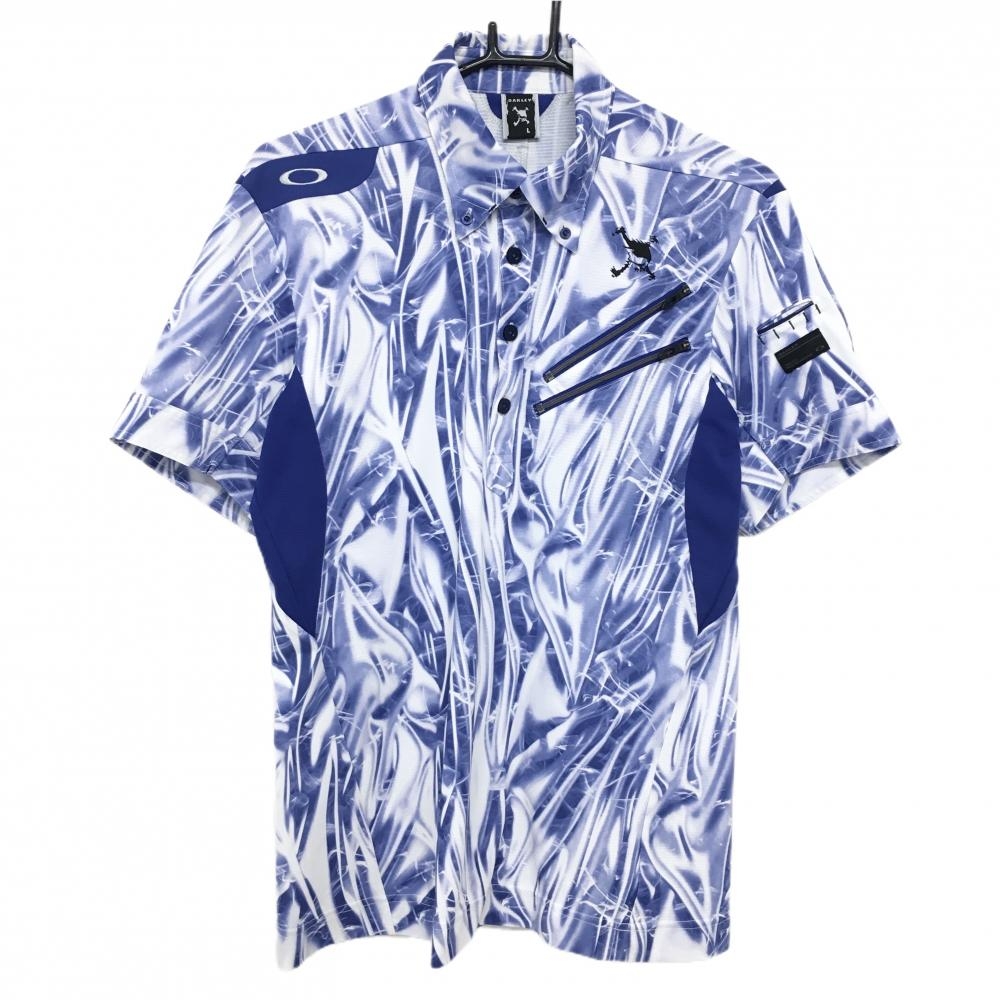 【美品】オークリー 半袖ポロシャツ 白×ブルー系 総柄 メンズ L ゴルフウェア Oakley
