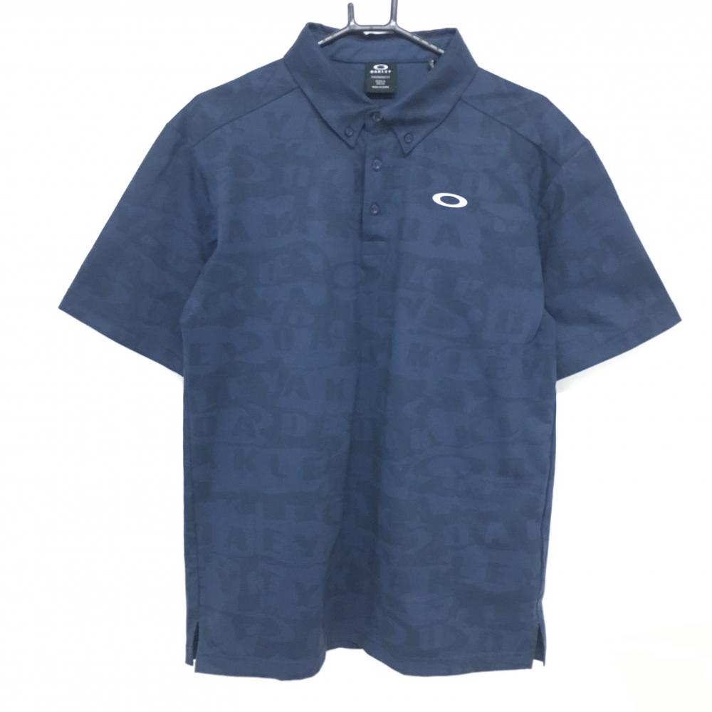【超美品】オークリー 半袖ポロシャツ ネイビー ロゴ総柄 ボタンダウン  メンズ 2XL ゴルフウェア 2023年モデル 大きいサイズ Oakley