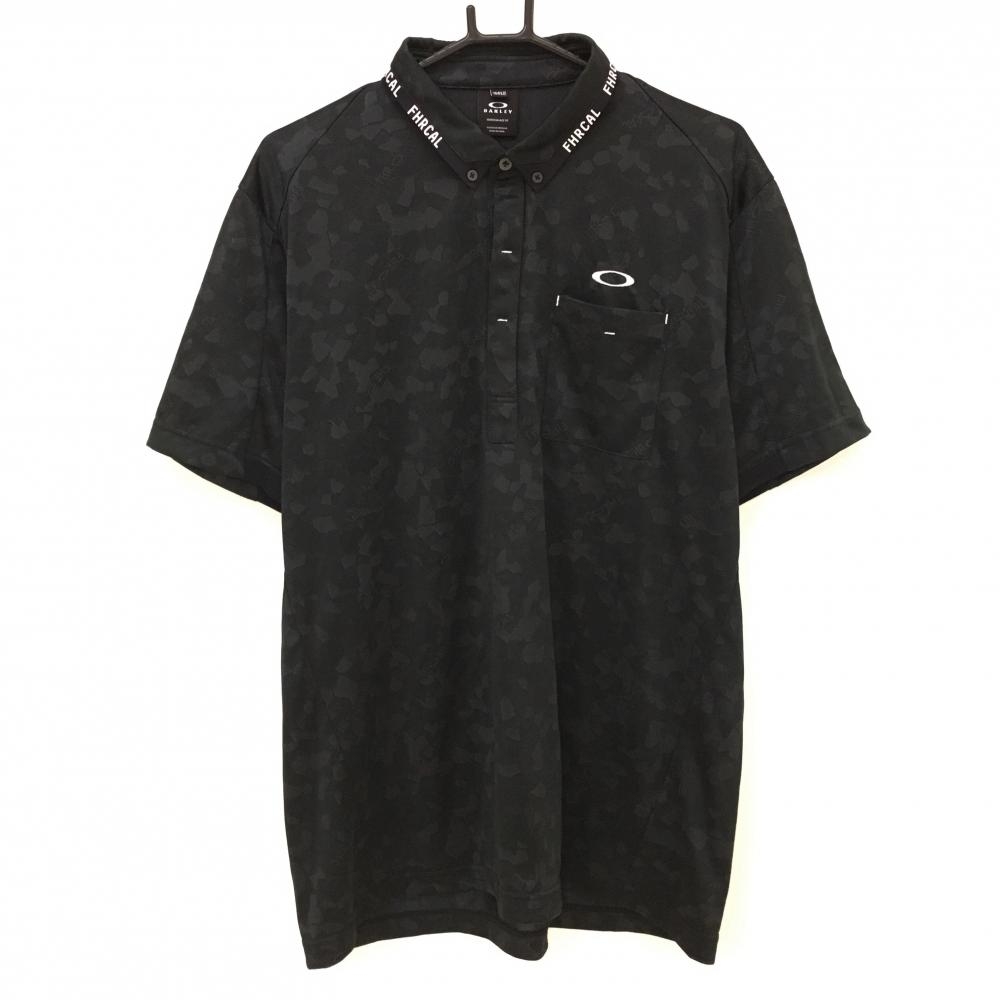 【超美品】オークリー 半袖ポロシャツ 黒 総柄地模様 ボタンダウン メンズ 2XL ゴルフウェア Oakley