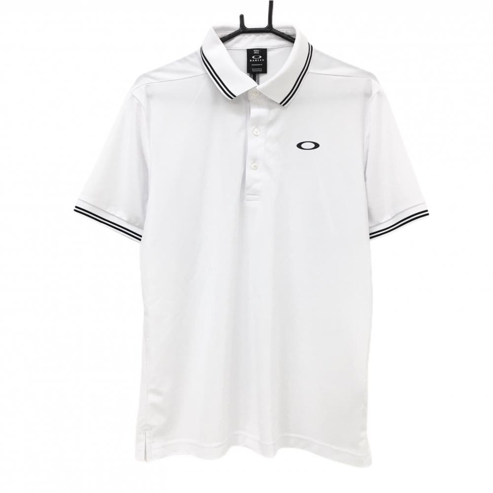 【超美品】オークリー 半袖ポロシャツ 白×黒 襟・袖口2ライン ロゴプリント メンズ XL ゴルフウェア Oakley