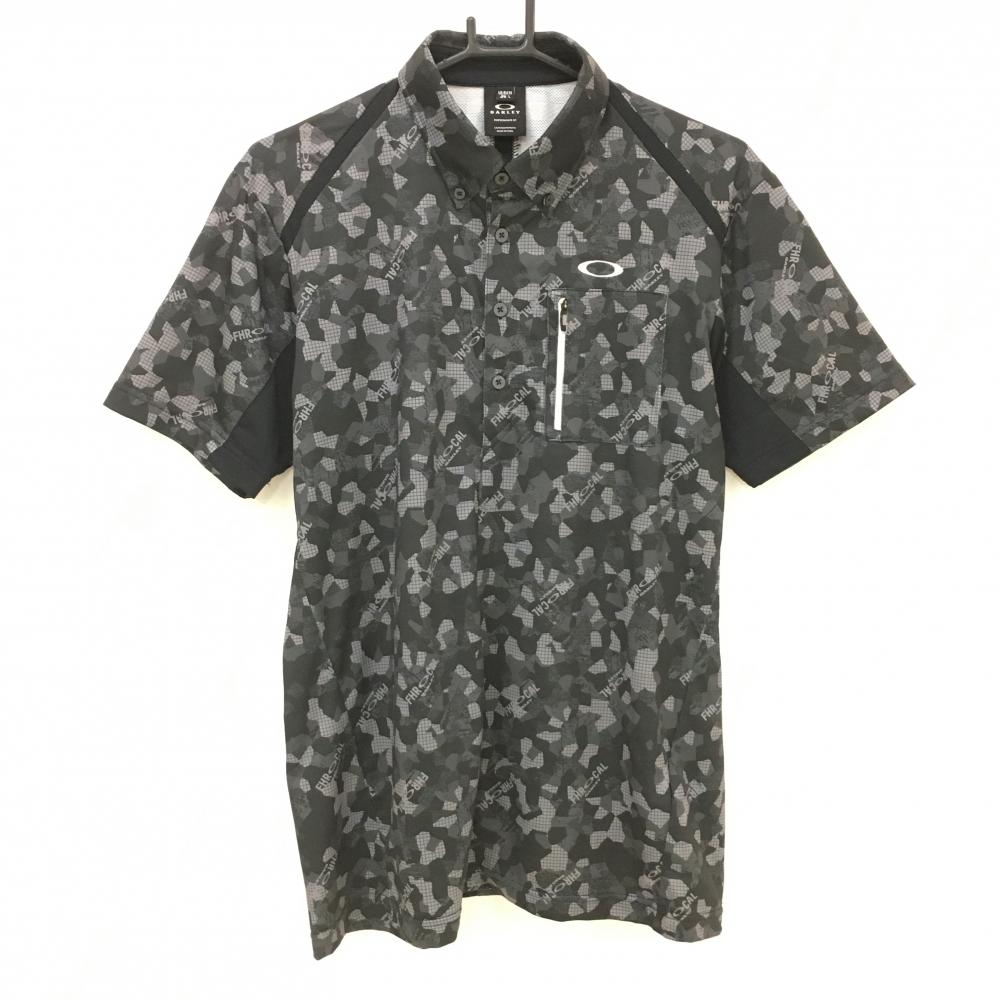 【美品】オークリー 半袖ポロシャツ グレー×黒 総柄 ボタンダウン 一部メッシュ メンズ L ゴルフウェア 2023年モデル Oakley