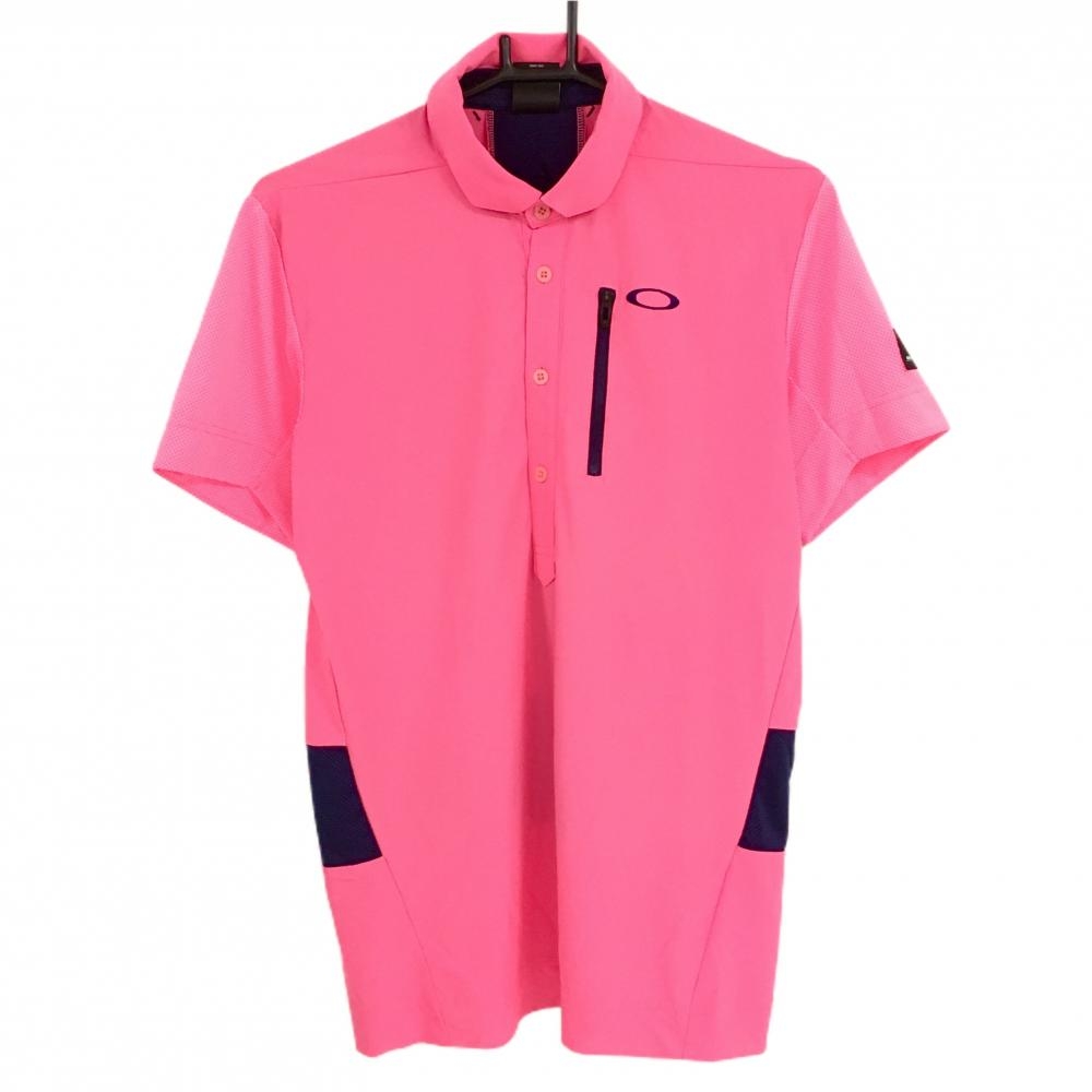 【超美品】オークリー 半袖ポロシャツ 蛍光ピンク×ネイビー 背面切替  メンズ M ゴルフウェア Oakley