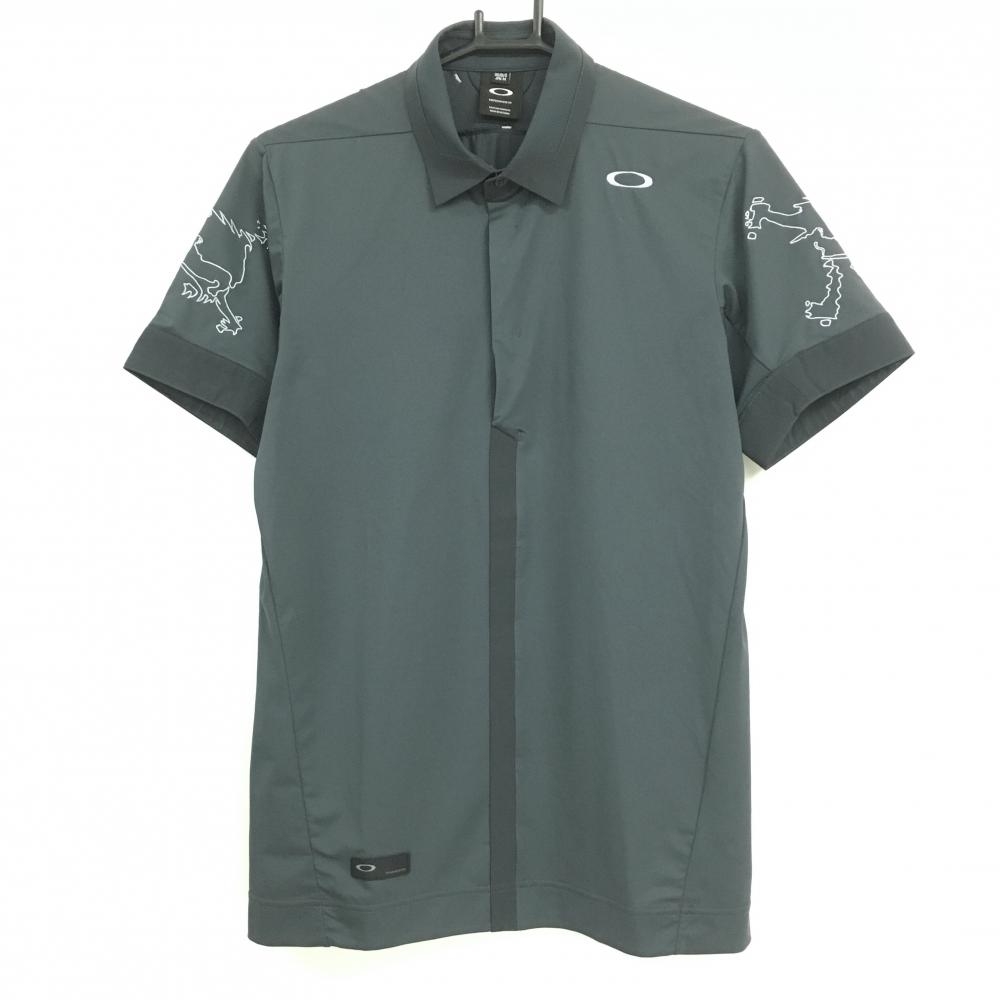 オークリー 半袖ポロシャツ グレー 袖ロゴ刺しゅう スナップボタン メンズ M ゴルフウェア Oakley