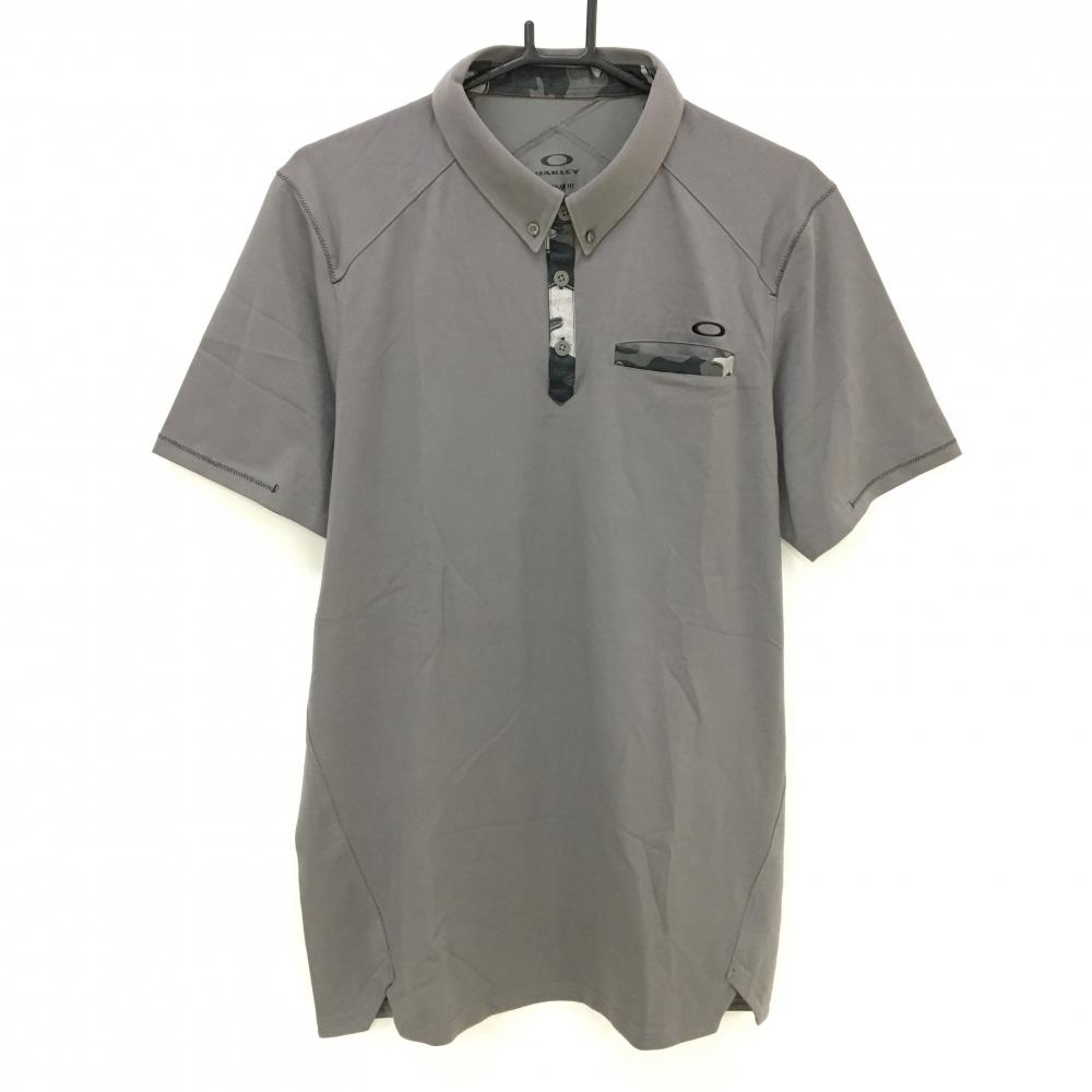 【美品】オークリー 半袖ポロシャツ グレー ボタンダウン メンズ L/G ゴルフウェア Oakley