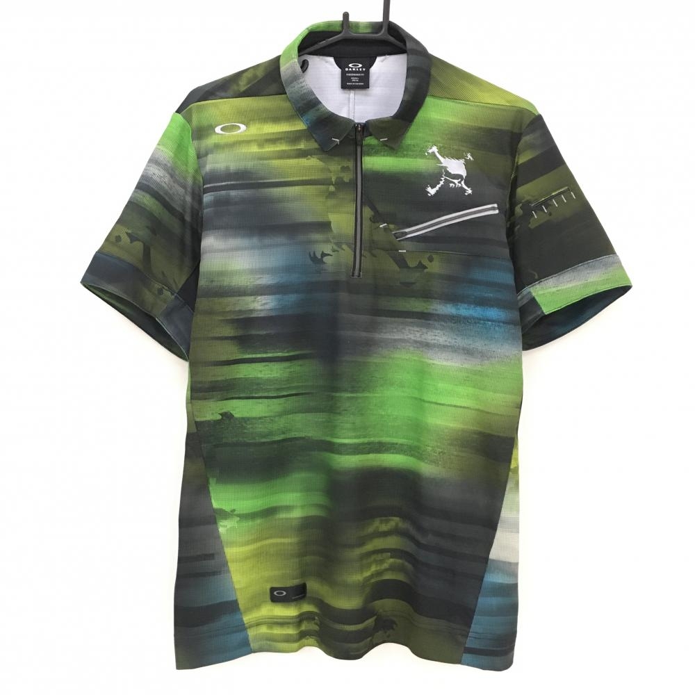 【美品】オークリー 半袖ポロシャツ ライトグリーン×黒 総柄 ハーフジップ ティー装着可  メンズ XL ゴルフウェア 2023年モデル Oakley