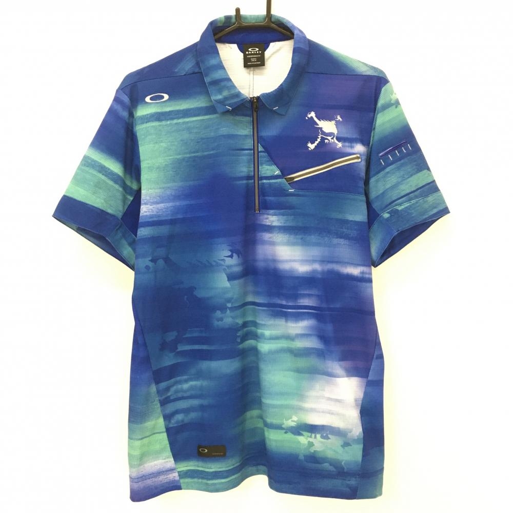 オークリー 半袖ポロシャツ ブルー×ライトグリーン グラデーション風 ハーフジップ  メンズ XL ゴルフウェア 2023年モデル Oakley