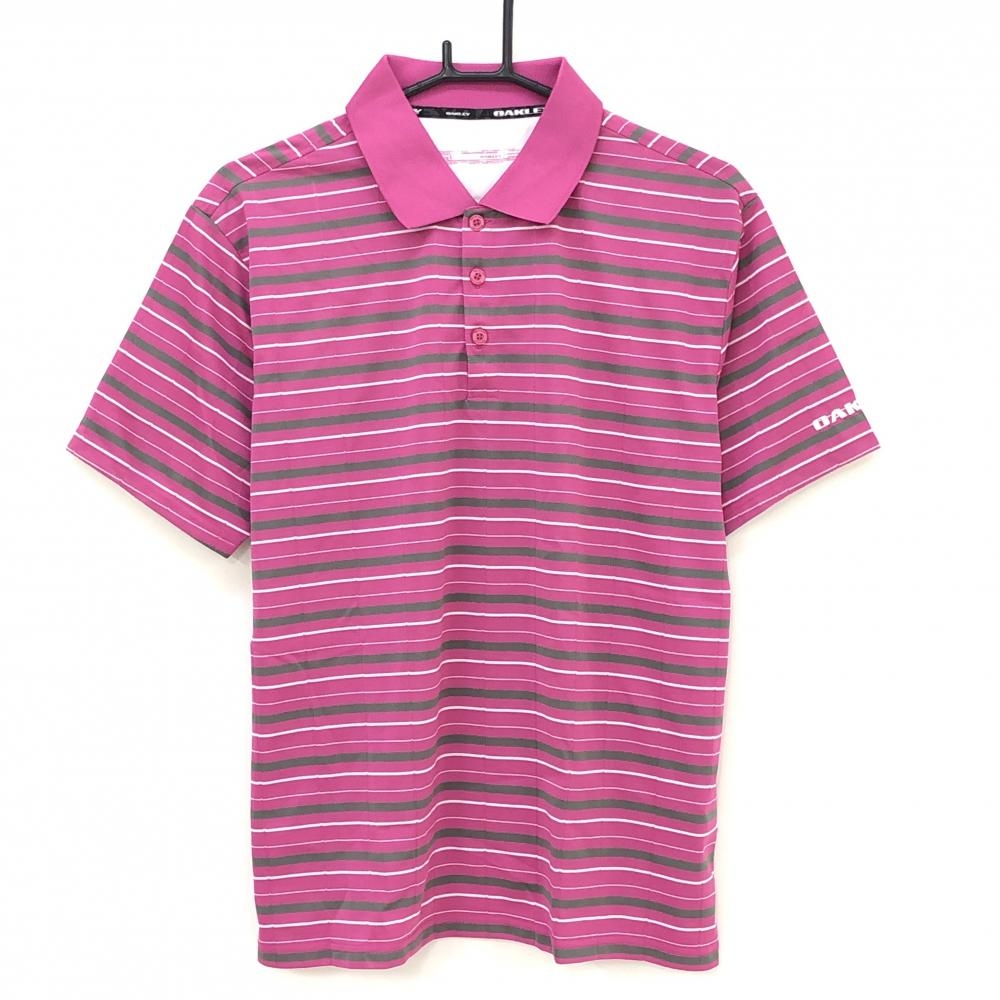 【美品】オークリー 半袖ポロシャツ ピンク×グレー ボーダー 袖ロゴ刺しゅう  メンズ L ゴルフウェア Oakley