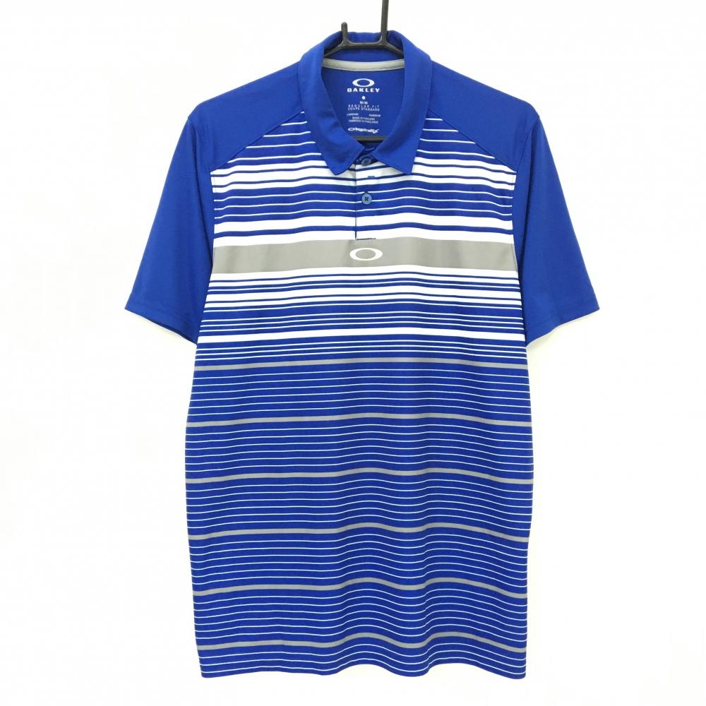 【超美品】オークリー 半袖ポロシャツ ブルー×白 身頃ボーダー  メンズ M/M ゴルフウェア Oakley