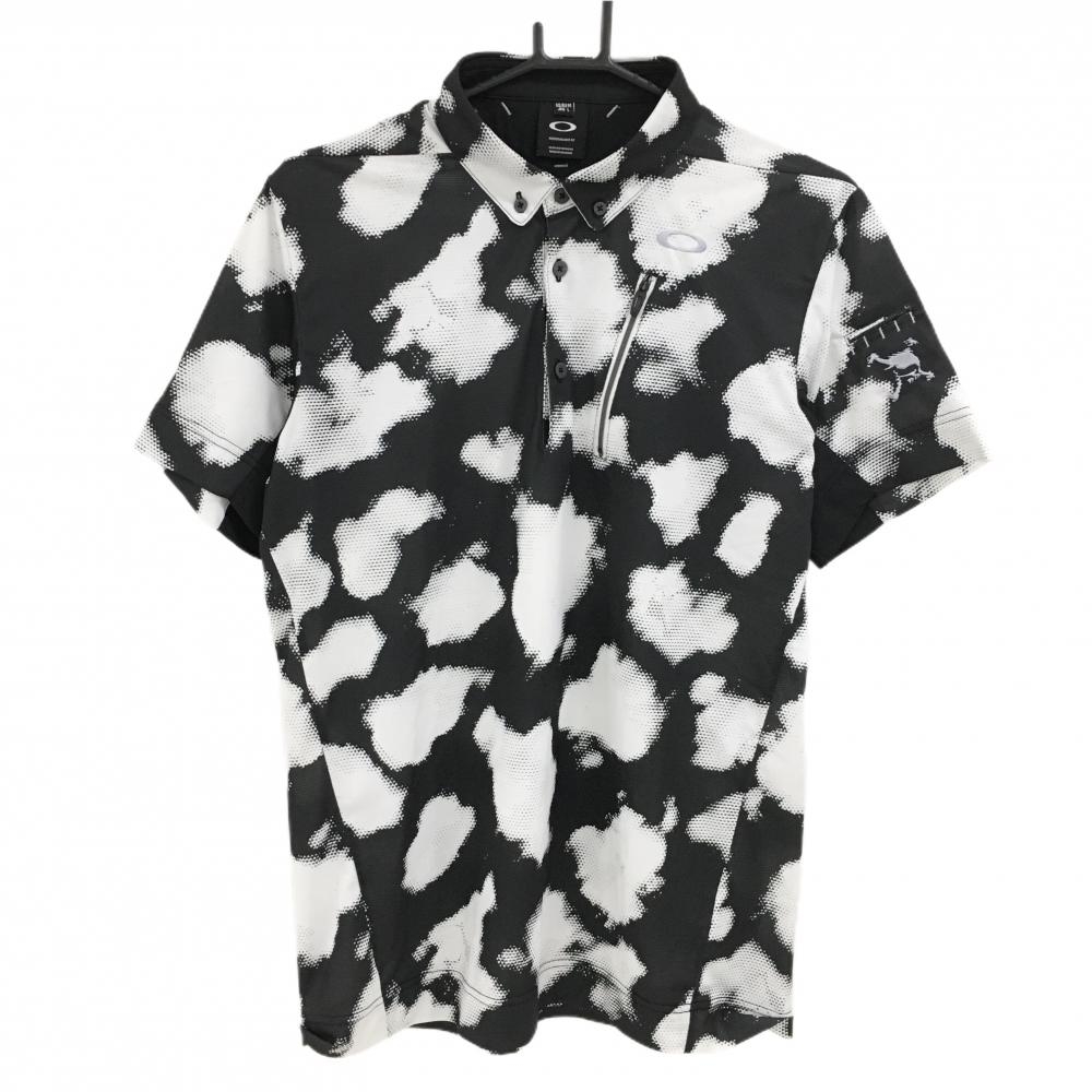 【美品】オークリー 半袖ポロシャツ 黒×白 総柄 ボタンダウン  メンズ L ゴルフウェア Oakley