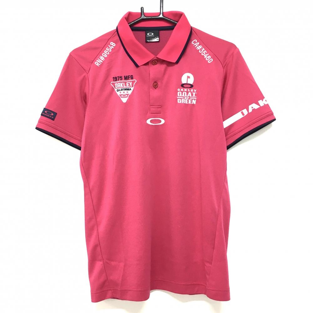 【超美品】オークリー 半袖ポロシャツ レッドピンク×ネイビー ピンドット ロゴ白 メンズ M ゴルフウェア Oakley