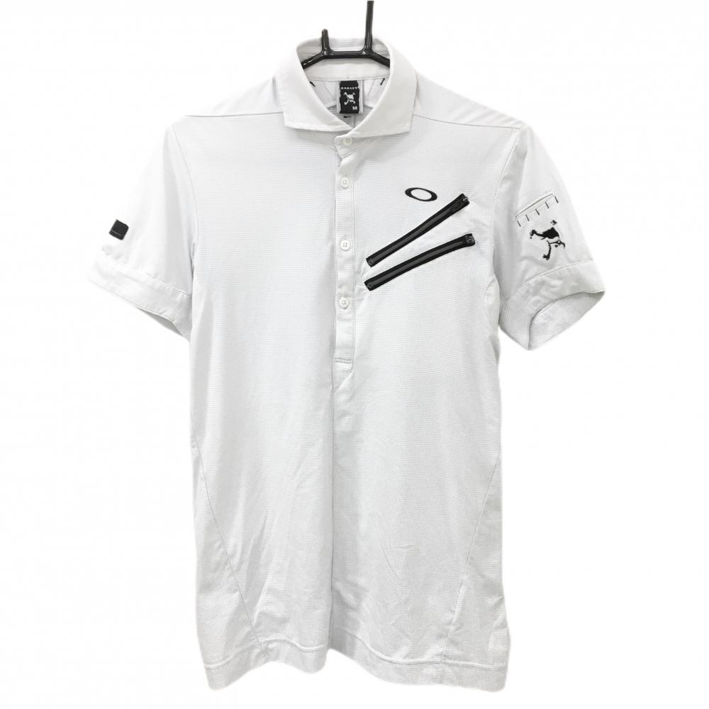 オークリー 半袖ポロシャツ 白×グレー 地模様 胸ポケット ティー装着可  メンズ M ゴルフウェア Oakley