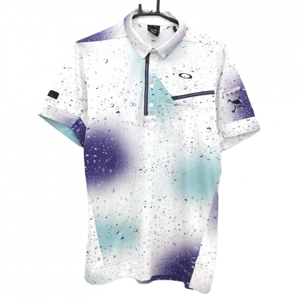 オークリー 半袖ポロシャツ 白×パープル 総柄 ハーフジップ ボタンダウン メンズ L ゴルフウェア Oakley