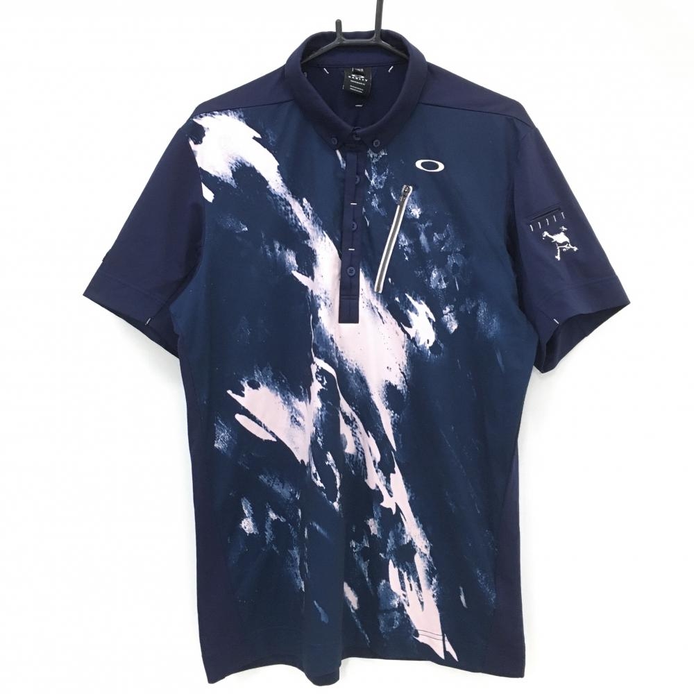 オークリー 半袖ポロシャツ ネイビー×ピンク 前身頃柄 ティー装着可 メンズ 2XL ゴルフウェア Oakley