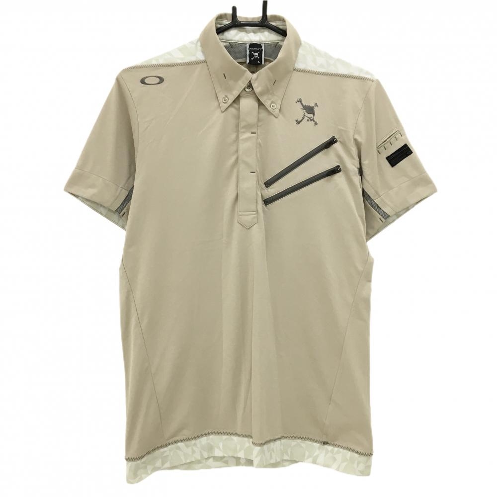【美品】オークリー 半袖ポロシャツ ベージュ ボタンダウン ロゴ刺しゅう メンズ L ゴルフウェア Oakley