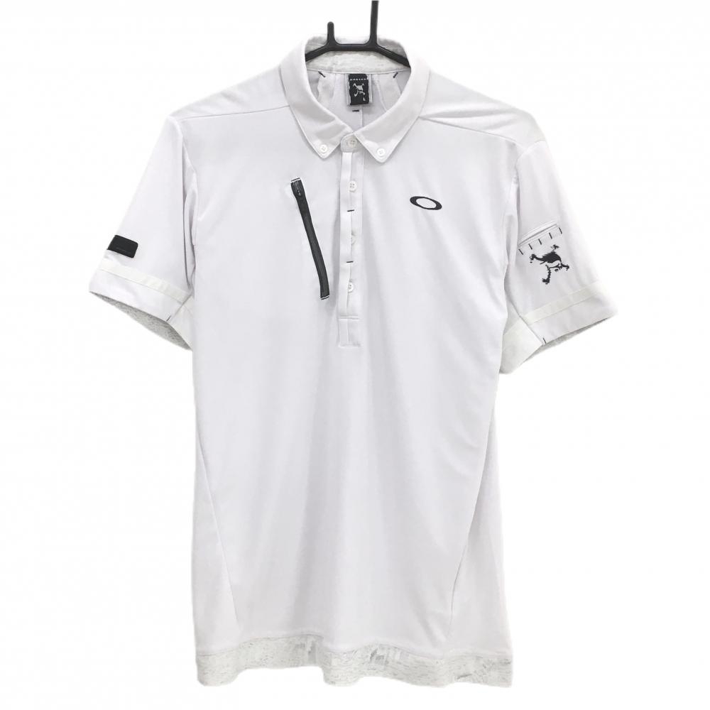 【美品】オークリー 半袖ポロシャツ 白 裾総柄 ボタンダウン ティー装着可   メンズ L ゴルフウェア Oakley