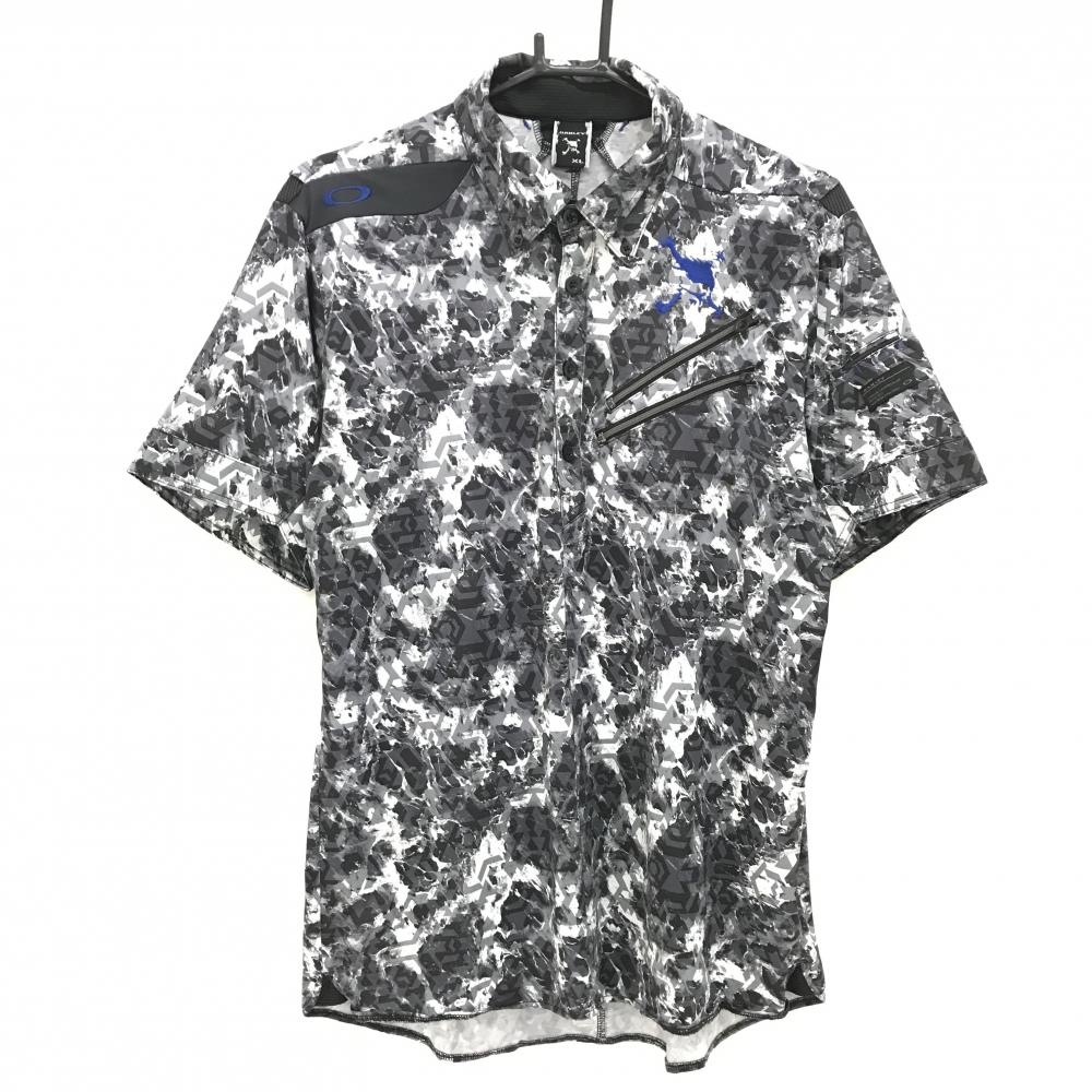 【超美品】オークリー 半袖ポロシャツ グレー×黒×白 総柄 ボタンダウン ティー装着可 胸ジップポケット メンズ XL ゴルフウェア Oakley