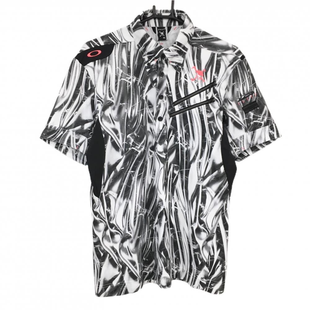 【超美品】オークリー 半袖ポロシャツ 白×黒 総柄 袖下切替 ロゴ刺しゅう ティー装着可 メンズ XL ゴルフウェア Oakley