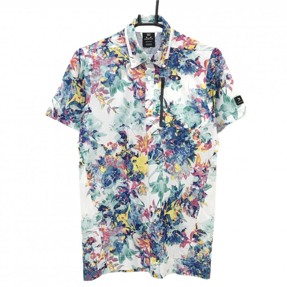 【超美品】オークリー 半袖ポロシャツ 白×マルチカラー 総柄 花 リーフ ボタンダウン 胸ポケット メンズ M ゴルフウェア Oakley