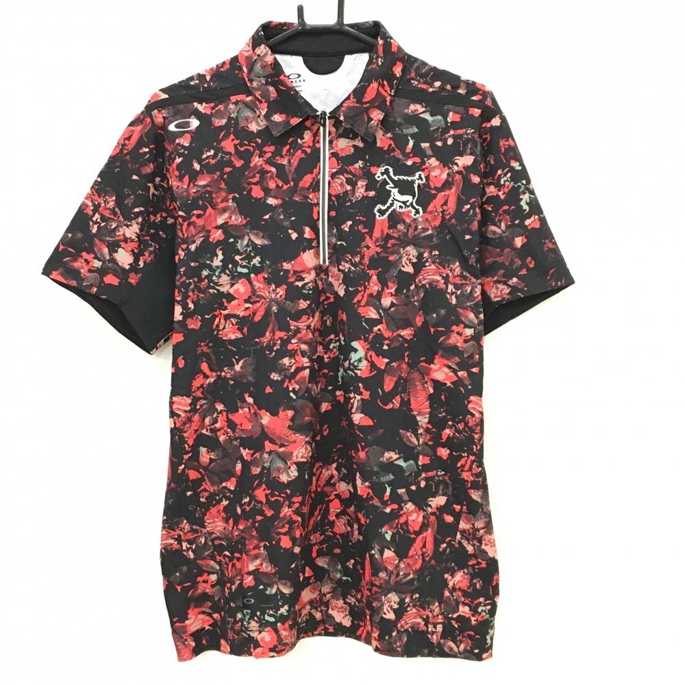 【超美品】オークリー 半袖ポロシャツ 黒××ピンク系 総柄 スカル刺しゅう ハーフジップ  メンズ XL ゴルフウェア Oakley