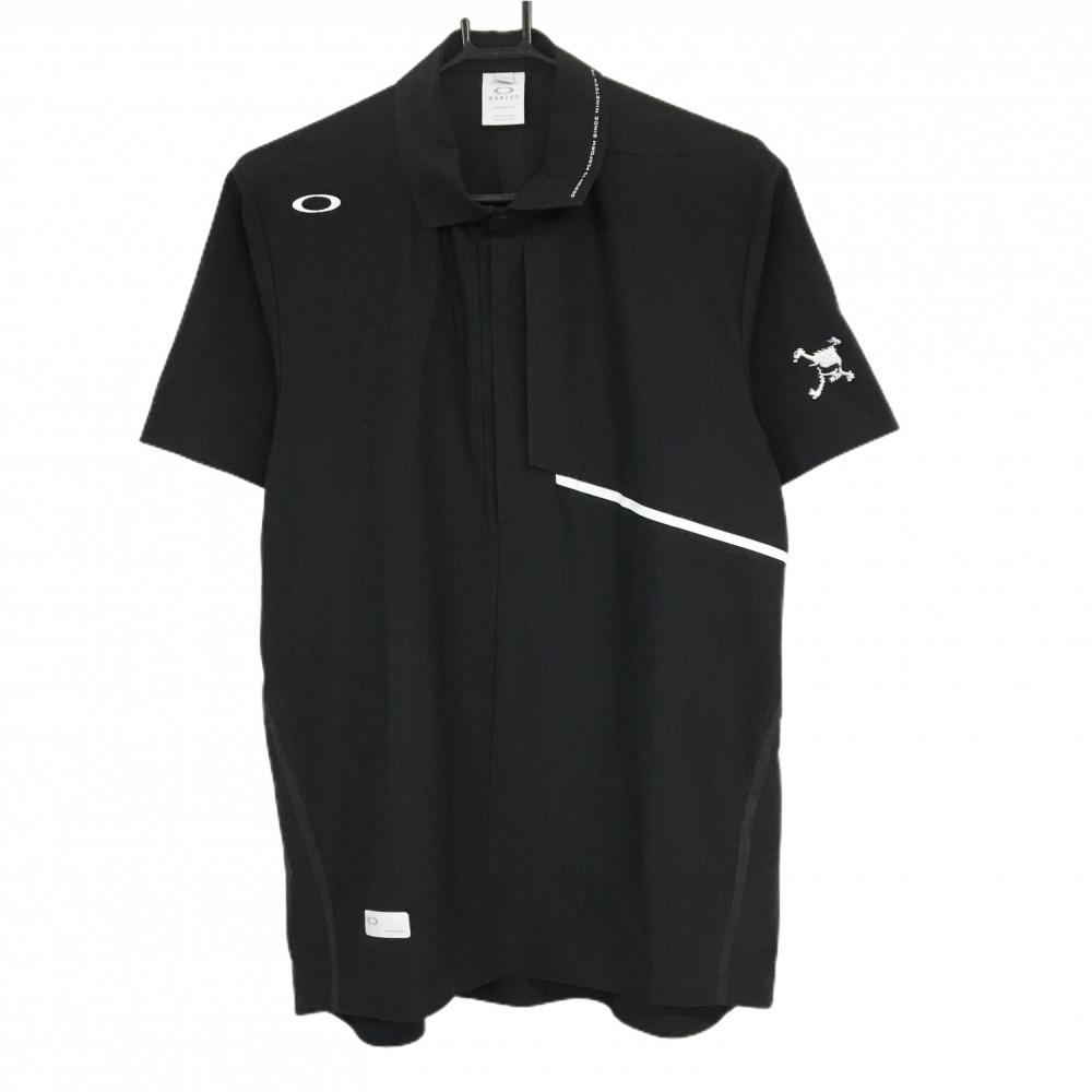 【美品】オークリー 半袖ポロシャツ 黒×白 ロゴプリント スナップボタン メンズ XL ゴルフウェア Oakley