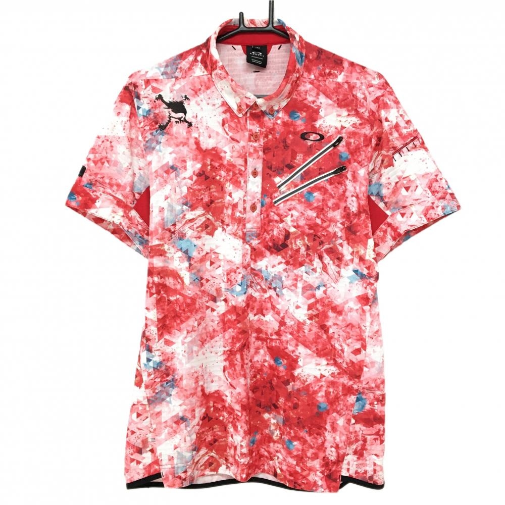 【超美品】オークリー 半袖ポロシャツ 白×レッド 総柄 ロゴ刺しゅう ボタンダウン メンズ XL ゴルフウェア Oakley