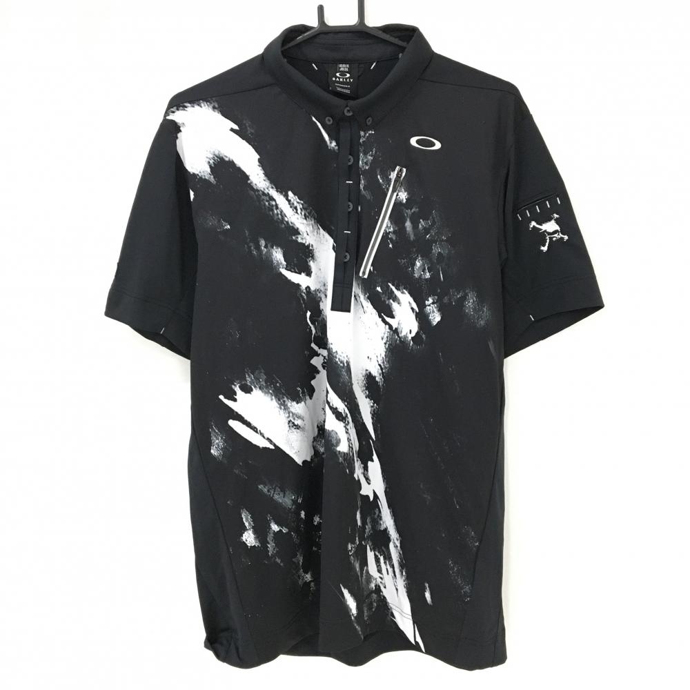 【超美品】オークリー 半袖ポロシャツ 黒×白 総柄 ティー装着可 ロゴ刺しゅう メンズ 2XL ゴルフウェア 大きいサイズ Oakley