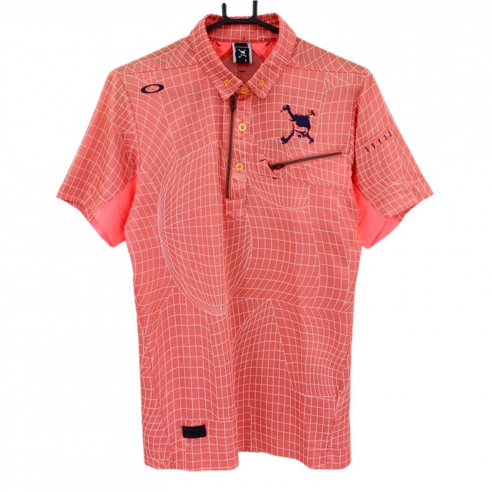 オークリー 半袖ポロシャツ オレンジ×白 総柄 ハーフジップ ボタンダウン ティー装着可  メンズ L ゴルフウェア Oakley