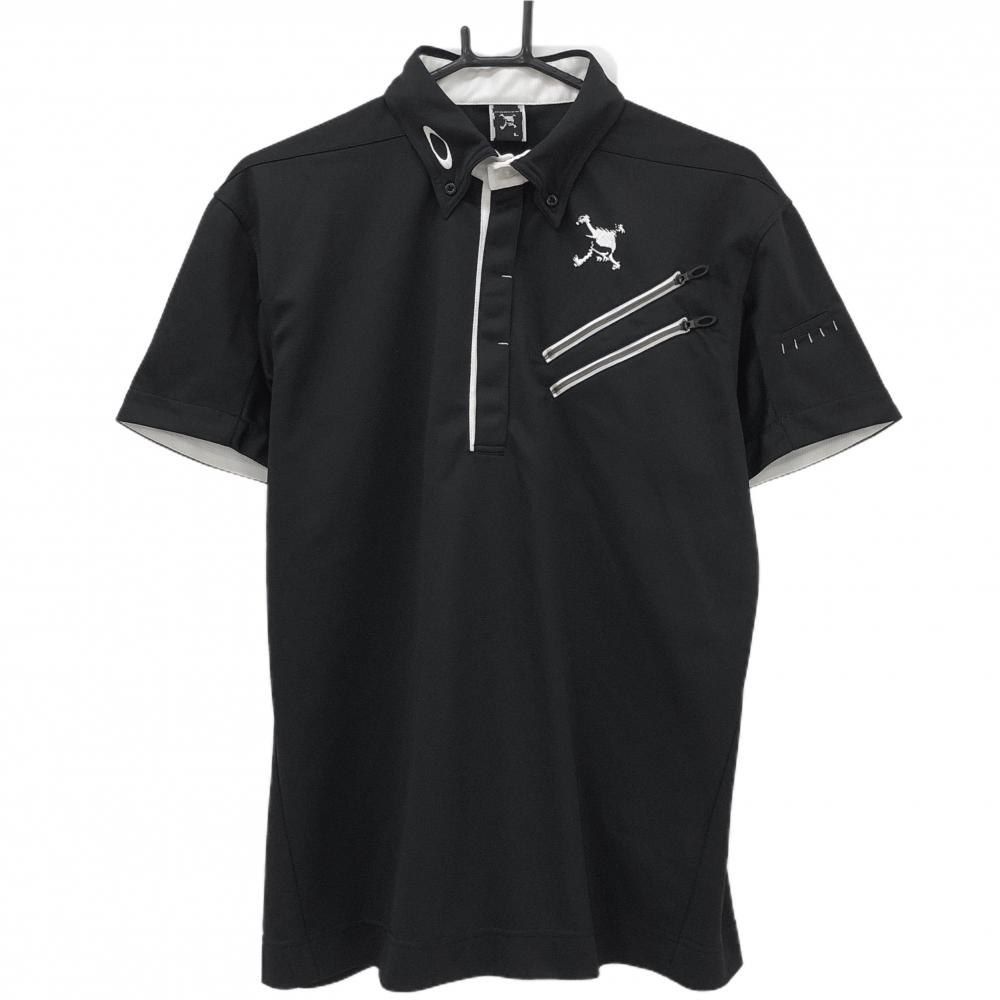 オークリー 半袖ポロシャツ 黒×白 胸ポケット ボタンダウン ティー装着可  メンズ L ゴルフウェア Oakley