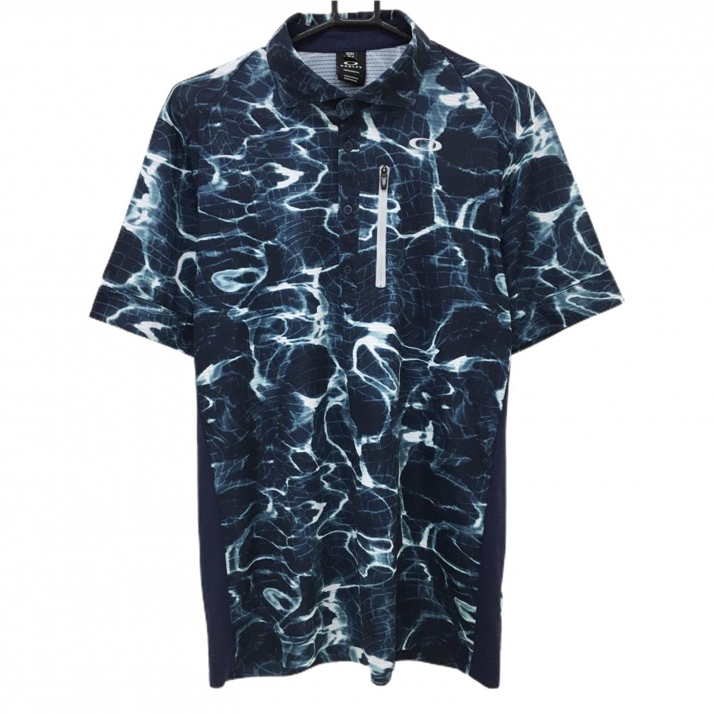 【美品】オークリー 半袖ポロシャツ ネイビー×白 総柄 胸ジップポケット メンズ XL ゴルフウェア Oakley