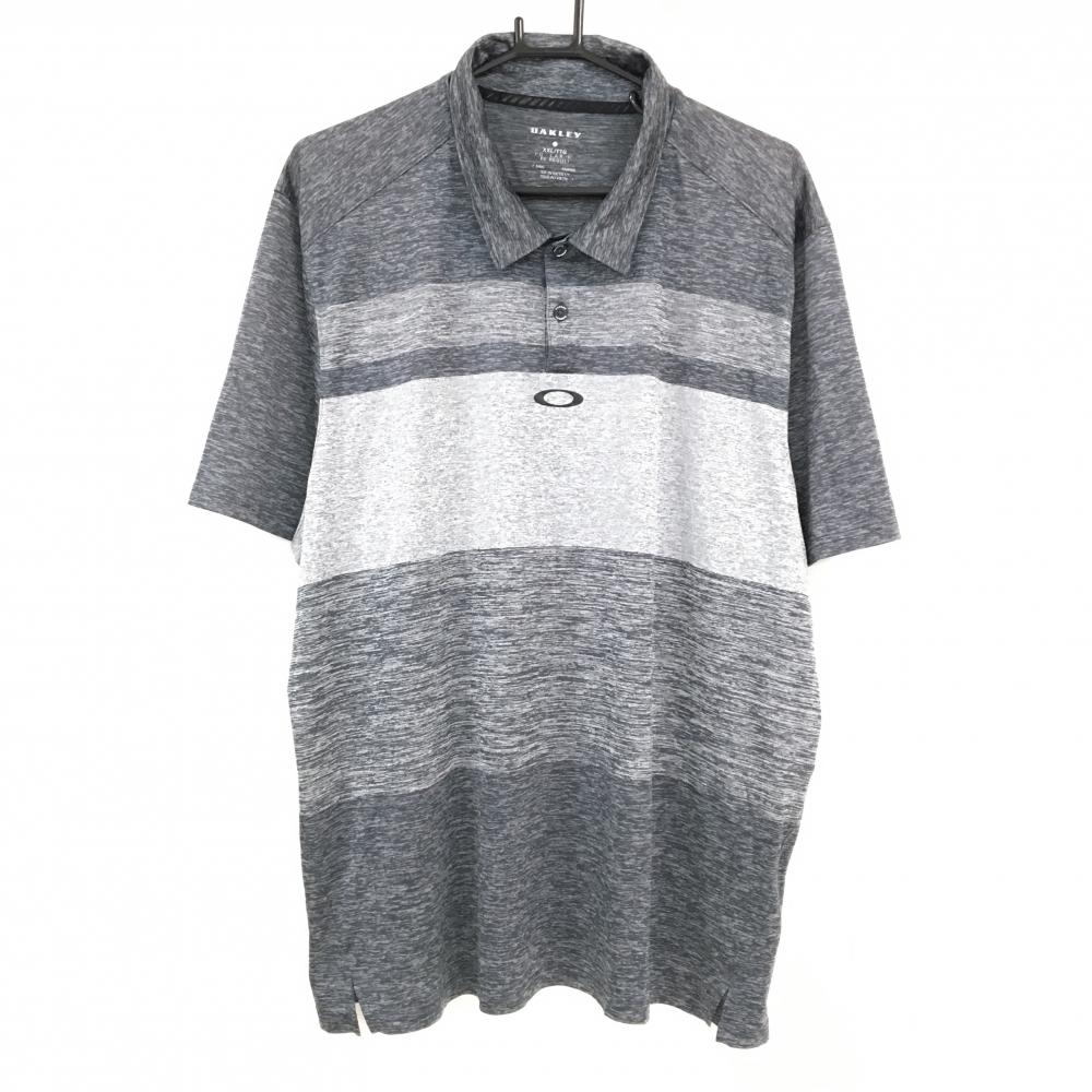 【美品】オークリー 半袖ポロシャツ 杢グレー ワイドボーダー ロゴ  メンズ XXL/TTG/XXG ゴルフウェア Oakley