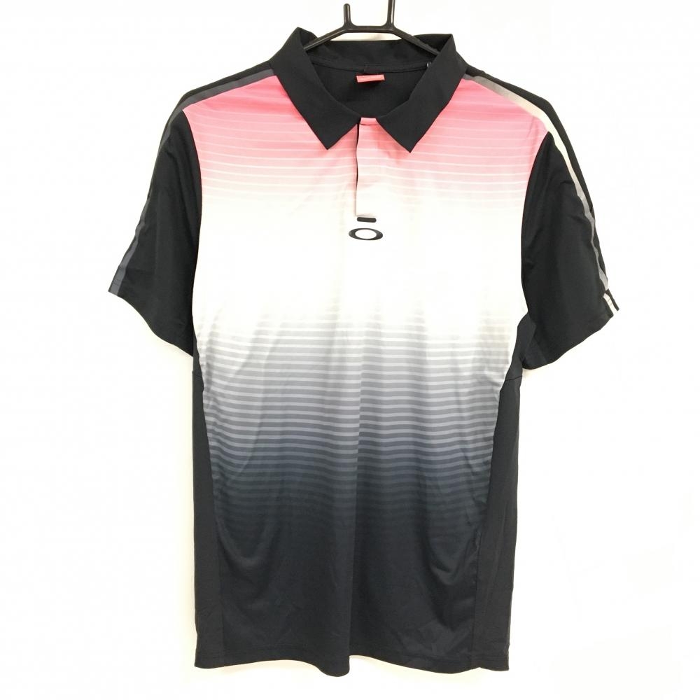 【超美品】オークリー 半袖ポロシャツ 黒×ライトグレー×ピンク 前身頃ボーダー グラデーション メンズ XL ゴルフウェア Oakley