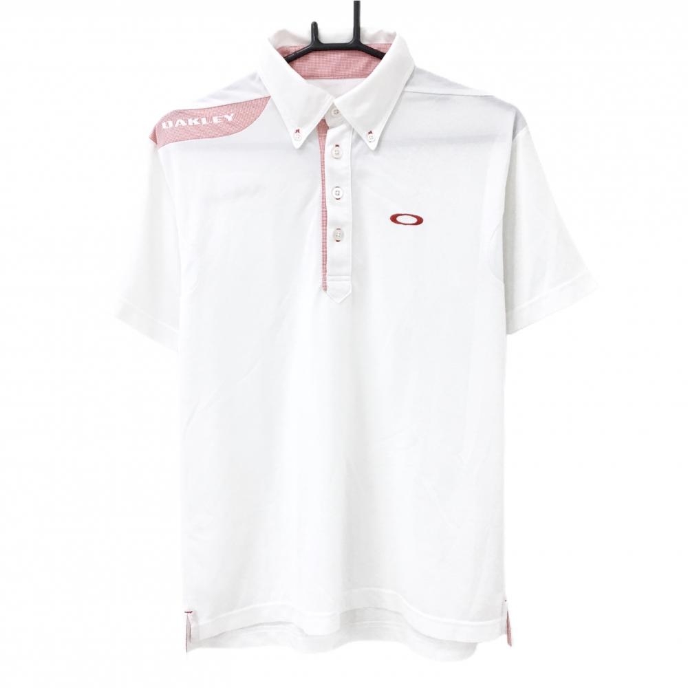 オークリー 半袖ポロシャツ 白×レッド ロゴ刺しゅう ボタンダウン  メンズ M ゴルフウェア Oakley