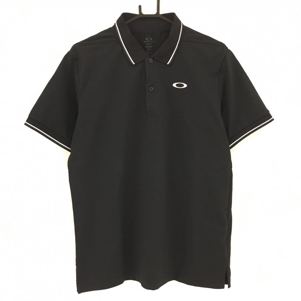 【超美品】オークリー 半袖ポロシャツ 黒×白 襟・袖口ライン ロゴプリント メンズ XL ゴルフウェア Oakley