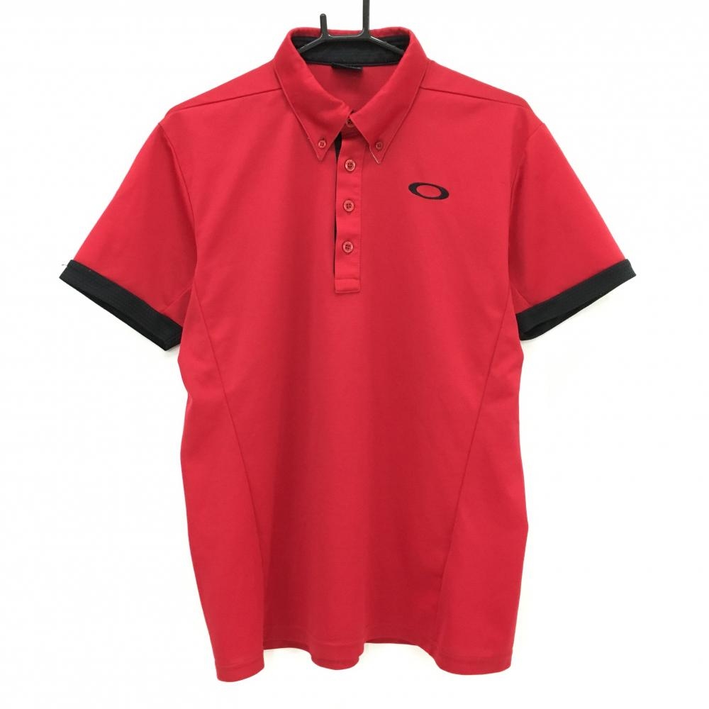 【美品】オークリー 半袖ポロシャツ レッド×黒 ロゴ刺しゅう ボタンダウン メンズ XL ゴルフウェア Oakley